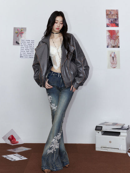 White Embroidered Flared Washed Denim Jeans