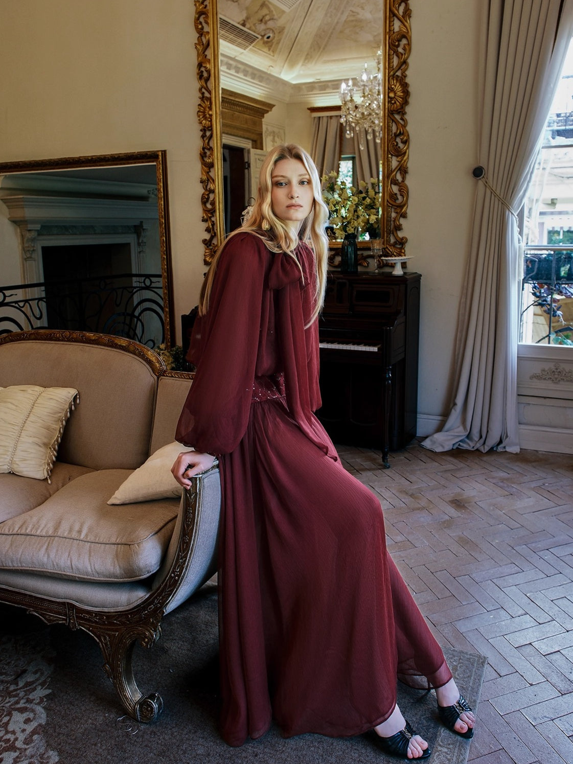 Milena Chiffon Lace Lantern Sleeve V-neck Dress