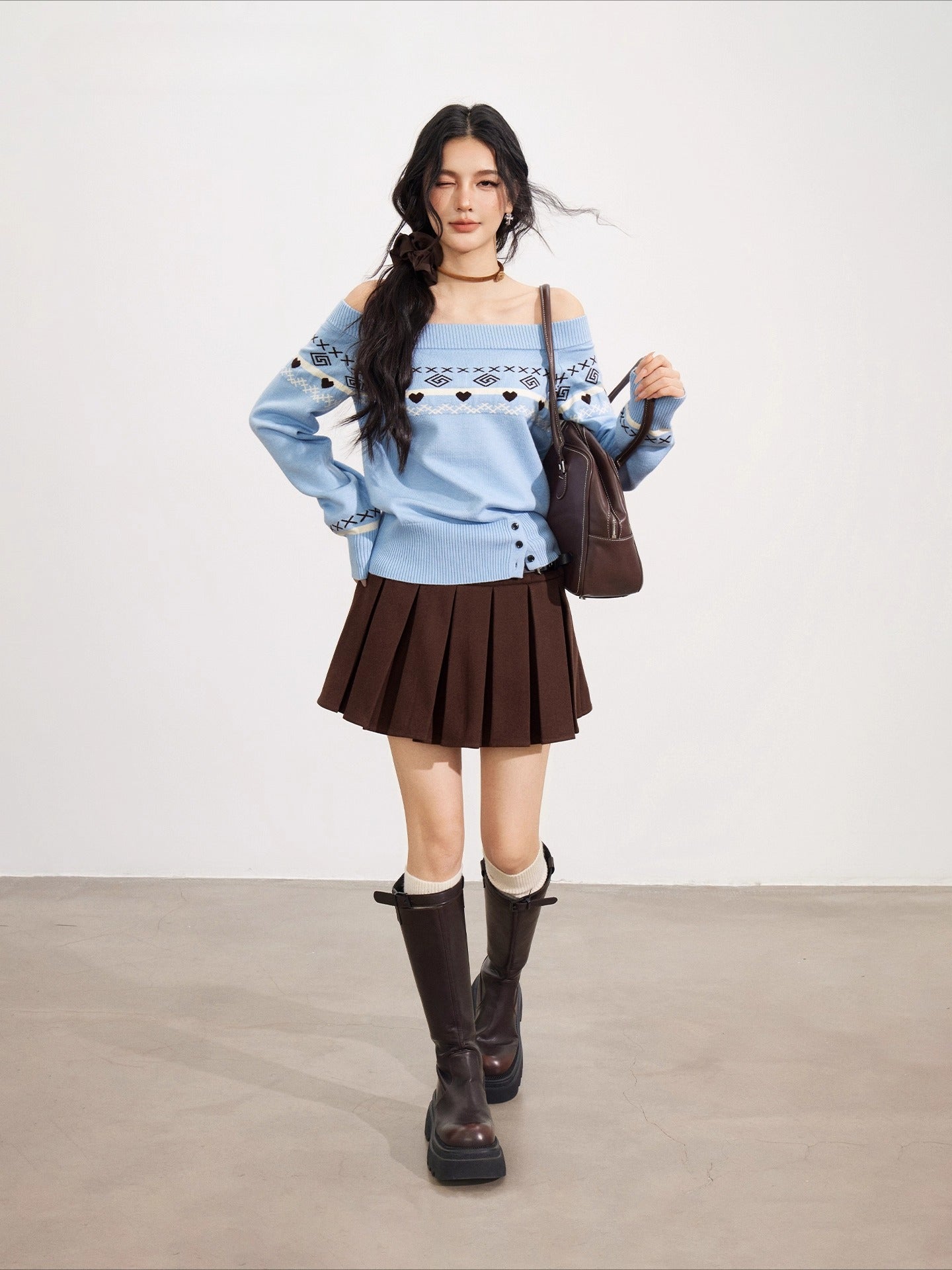 Plaid &amp; Brown Wool Pleated Mini Skirt