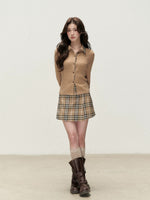 Plaid Trim Cardigan & Mini Skort Set