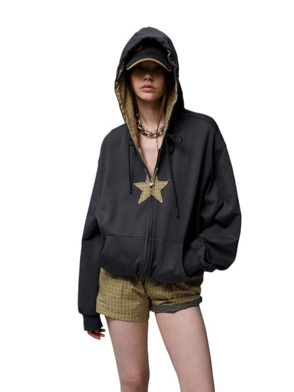 Oversized Star Panel Balloon Hem Hoodie