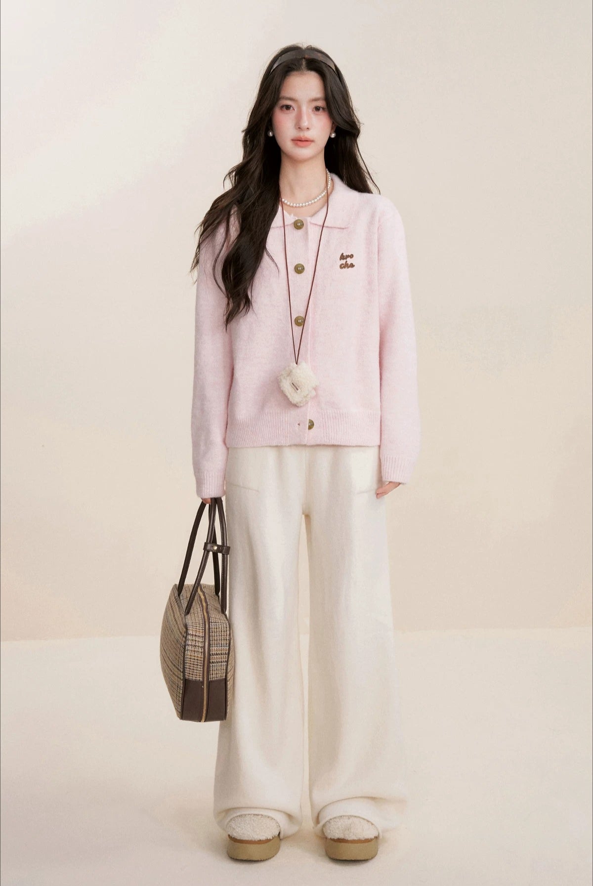 Pink Knit Turn-Down Collar Cardigan Set