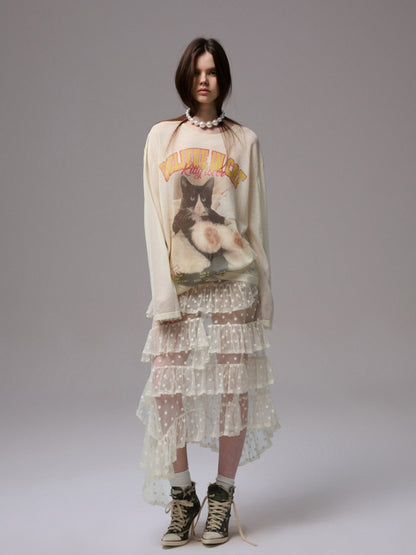 Cat Print Knitted T-shirt