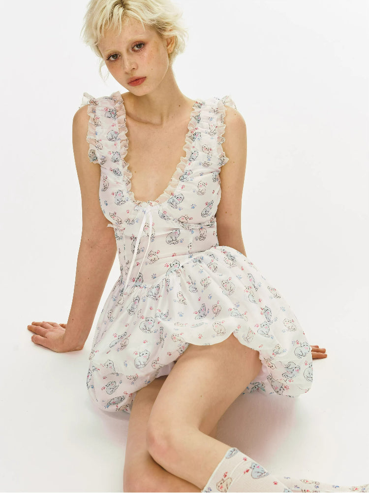 Meow Print V-Neck Dress