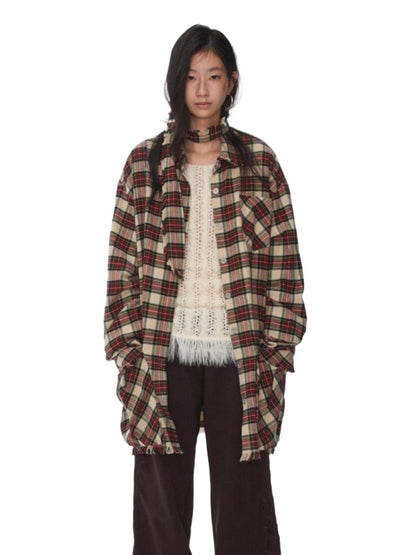 Vintage Red Plaid Frayed-Edge Utility Shirt Dress