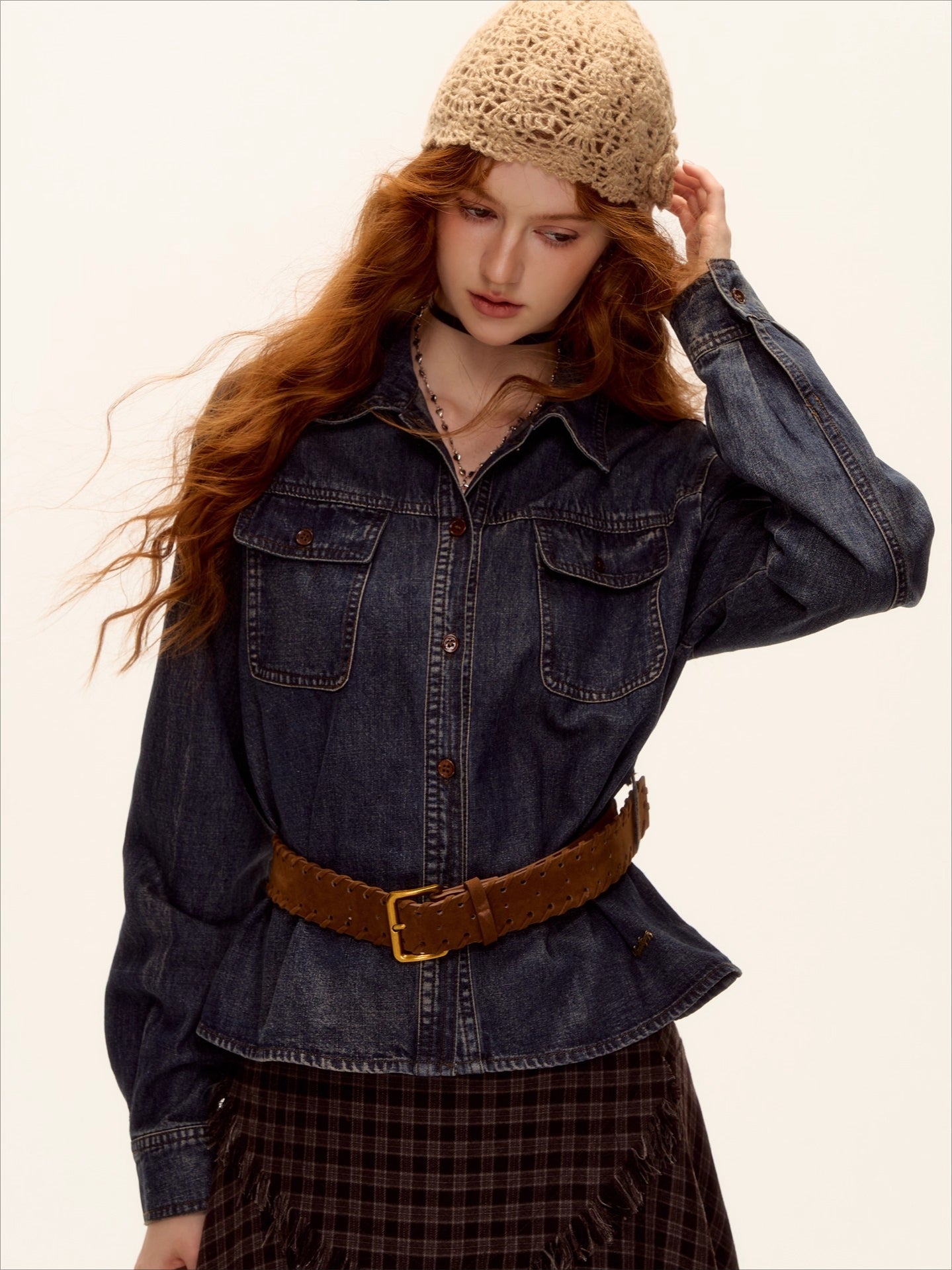 Washed Denim Belted Polo Shirt