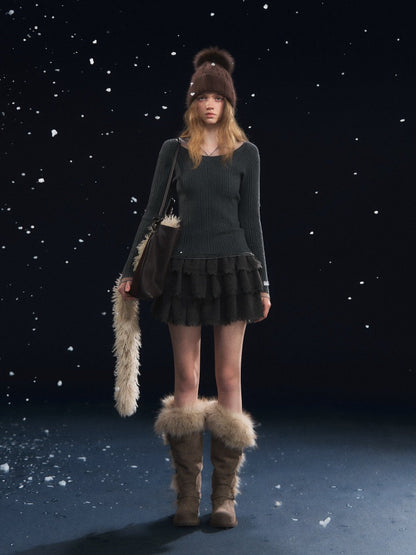 Lace-Panel Velvety Tiered Skirt