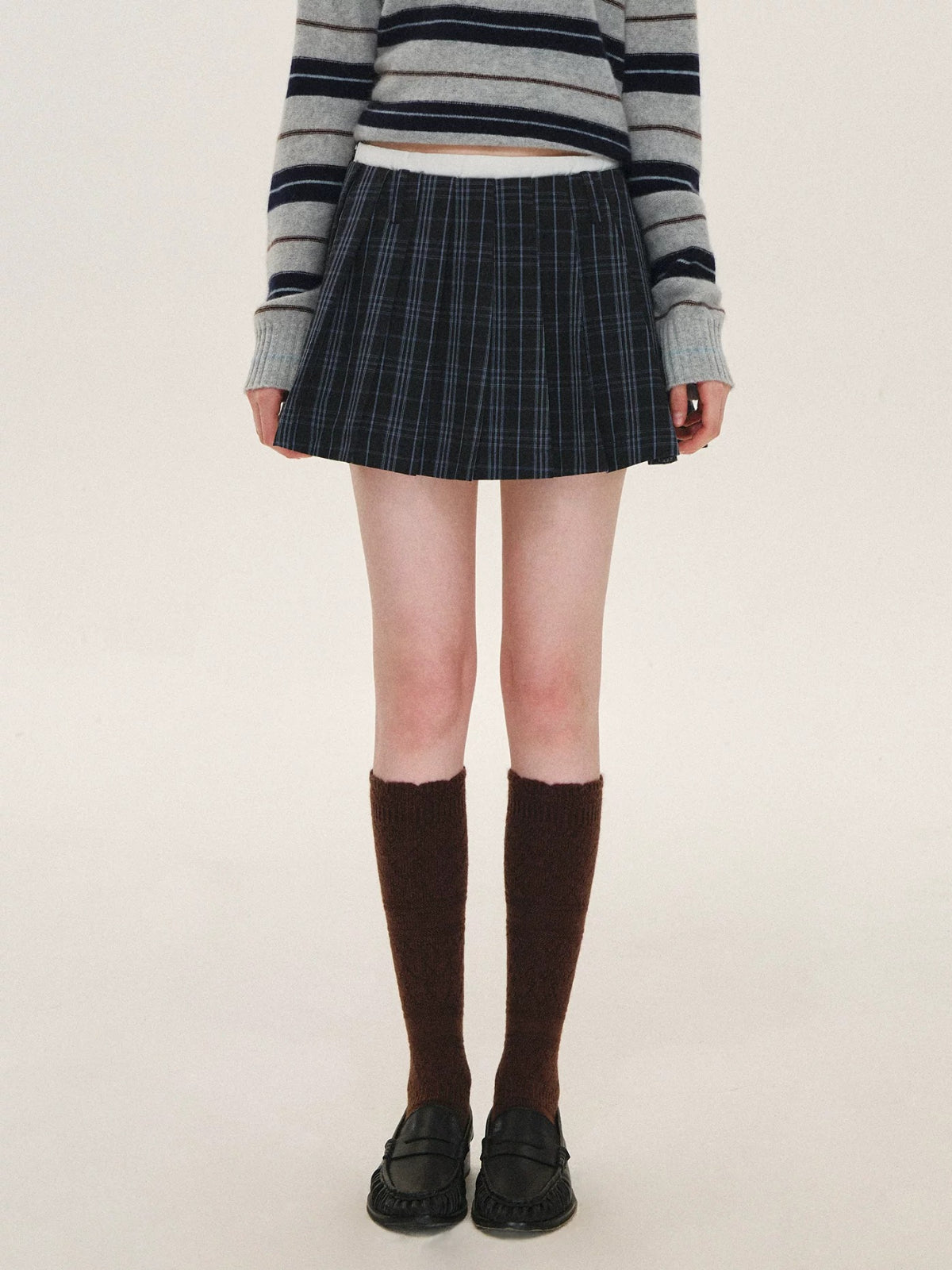 Contrast Waist Plaid Pleated Skirt