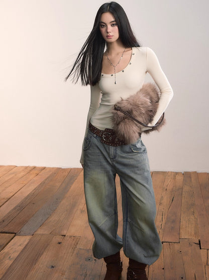 Studded Asymmetric U-Neck Long Sleeve Knit Top