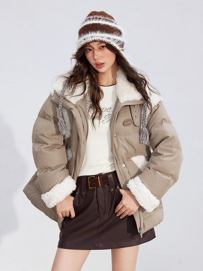 Shearling Patchwork White Down Puffer Jacket