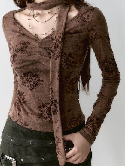Coffee &amp; Purple Gray Rose Print Ribbon Long Sleeve T-shirt