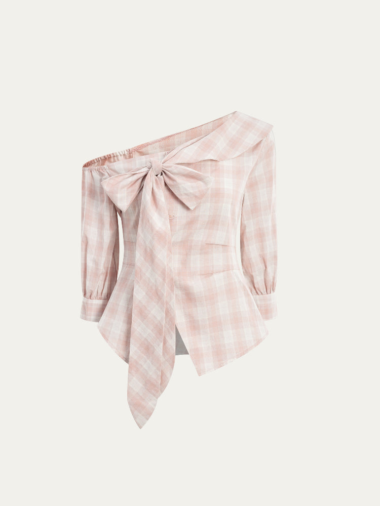 Checkered Bow One-Shoulder Asymmetric Waist-Cinching Shirt