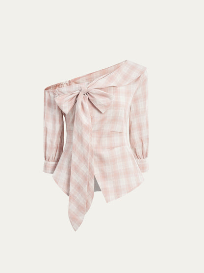Checkered Bow One-Shoulder Asymmetric Waist-Cinching Shirt