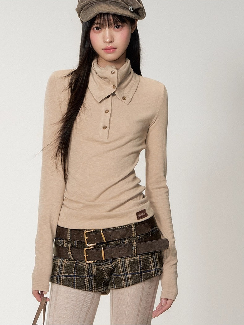 Drape-Neck Slim Knit Top