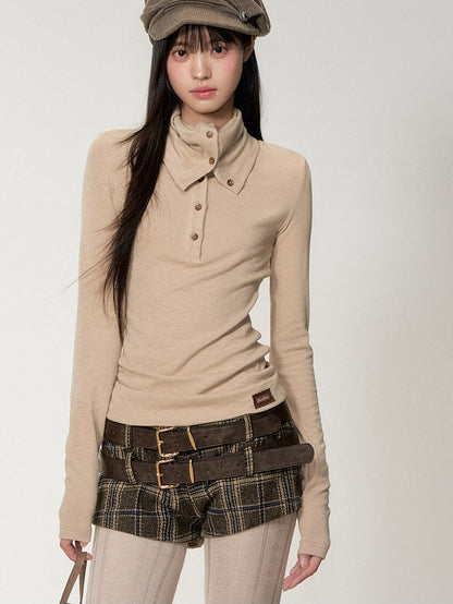 Drape-Neck Slim Knit Top