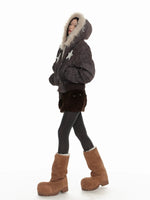 Distressed Fur Hooded Padded Jacket