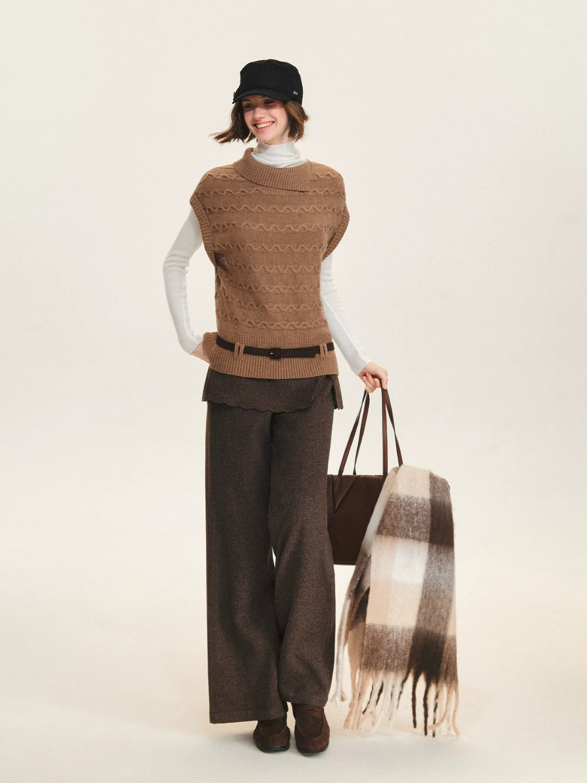 Belted Collared Wool Blend Vest