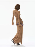 Caramel Ruched Turtleneck Slit Dress