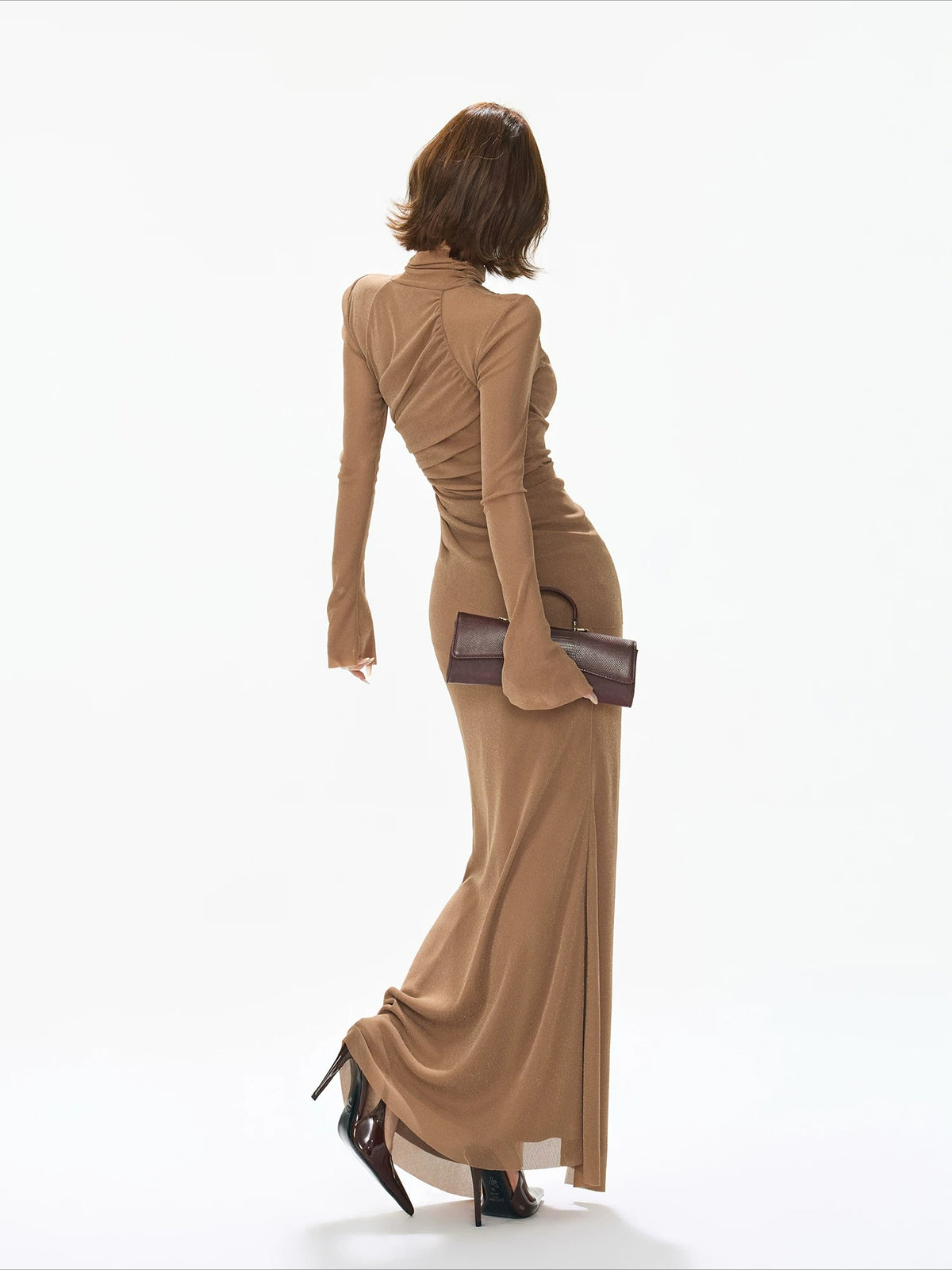 Caramel Ruched Turtleneck Slit Dress
