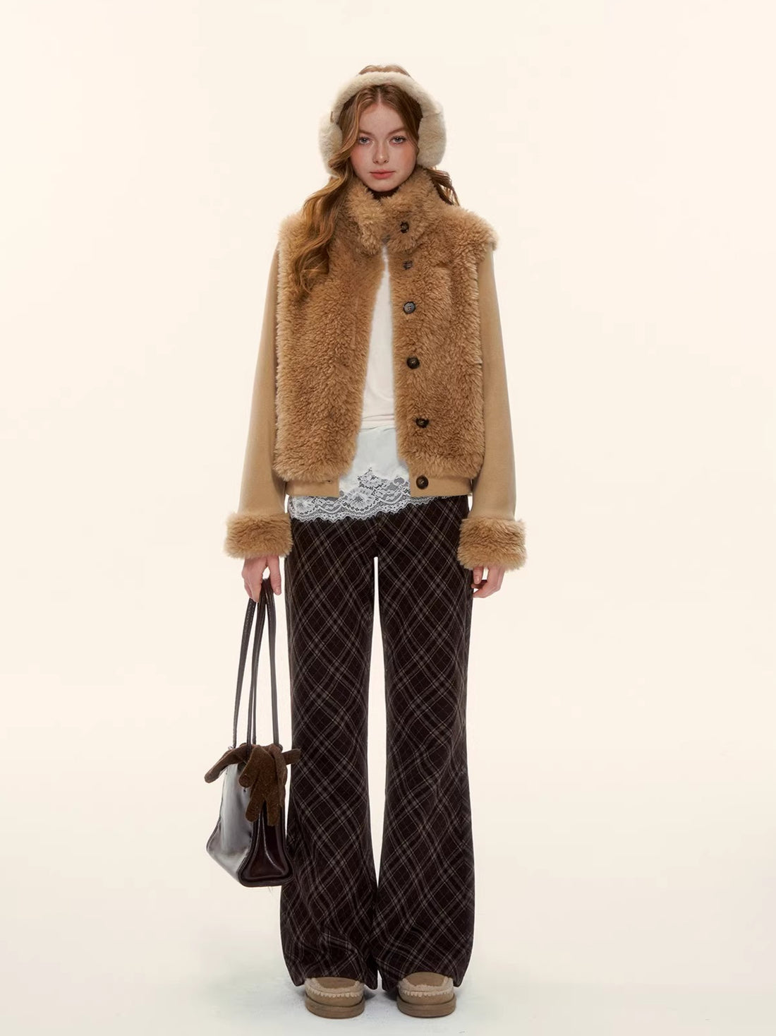 Eco-Faux Fur Knit Stand Collar Jacket