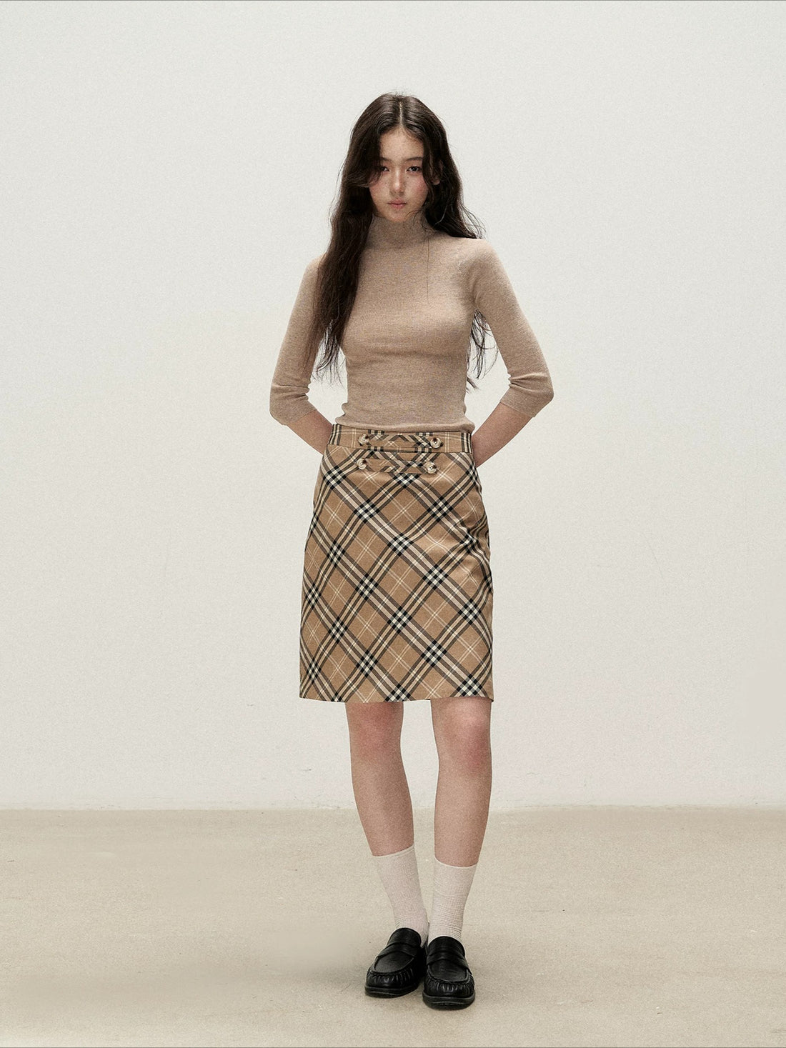 Brown Plaid Napoleon Midi Skirt