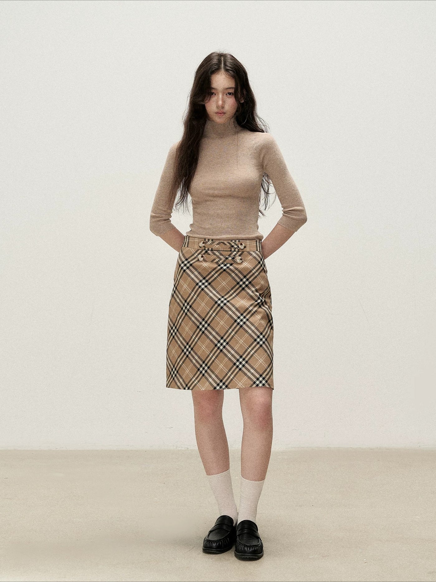 Brown Plaid Napoleon Midi Skirt