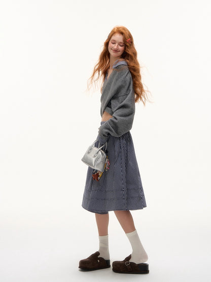 Off-Shoulder Plaid Panel Cross Sweater