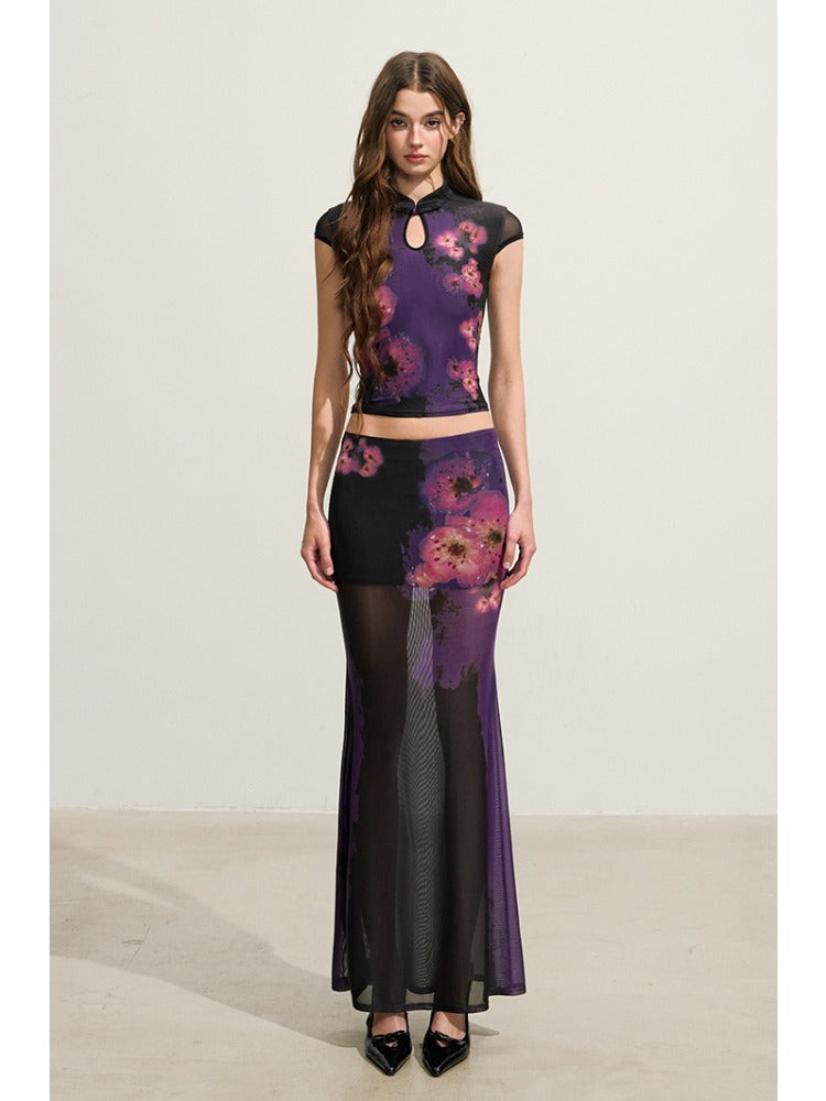 Purple Floral Cheongsam Mesh Set