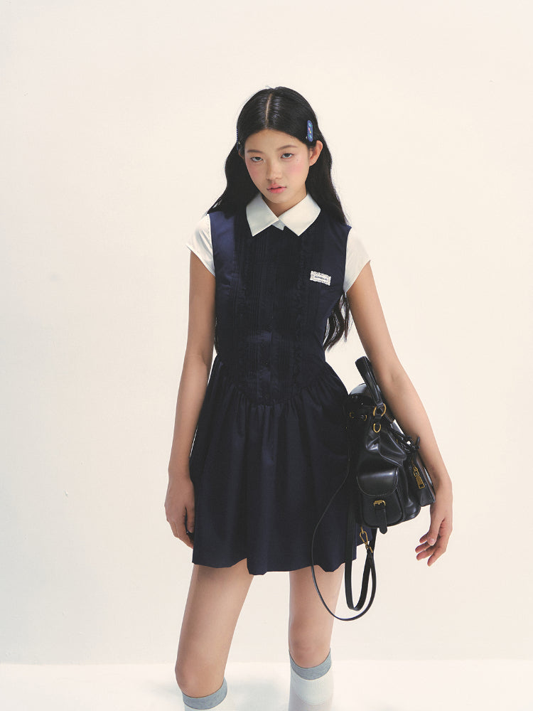 Miu-style Fake Two-piece Navy Blue Dress