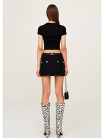 Leopard Print Mid - High Waist Rivet Midi Skirt