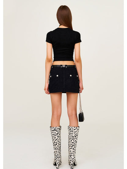 Leopard Print Mid - High Waist Rivet Midi Skirt