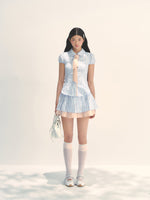 Blue Floral Contrast Check Shirt & Skirt Set