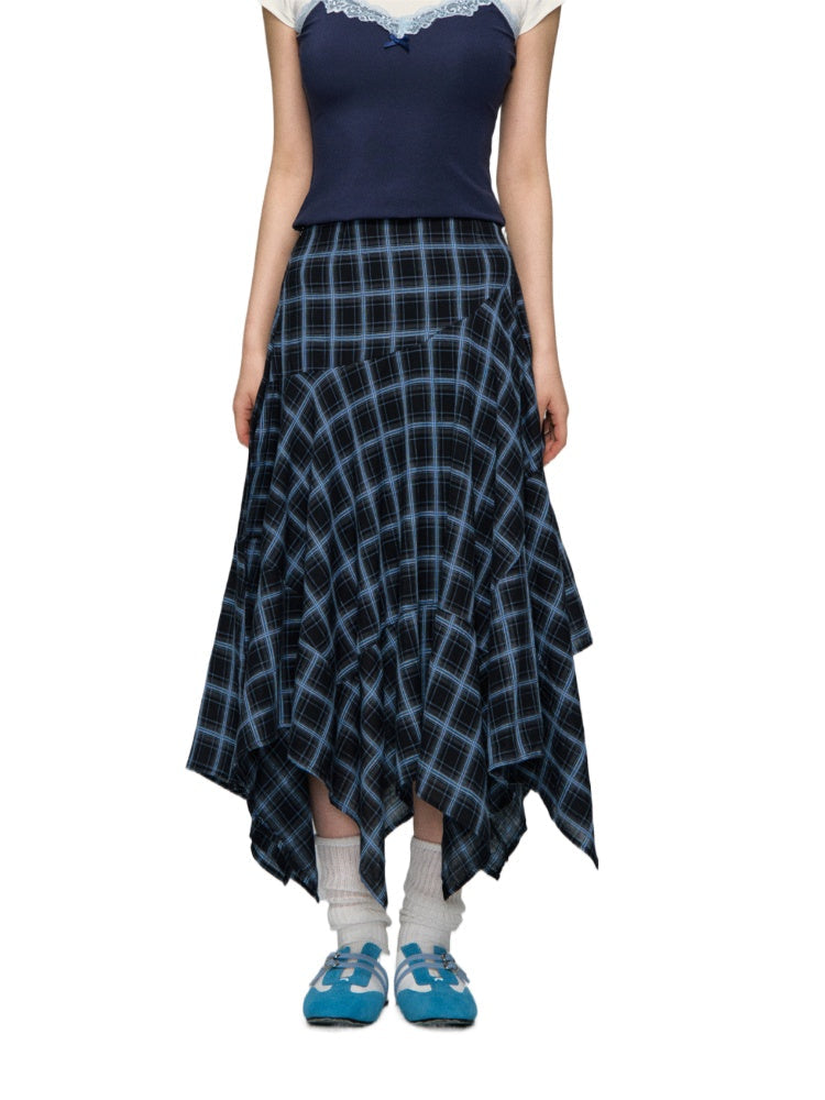 Irregular Navy Blue Checked Midi Skirt