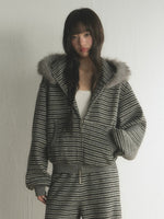 Striped Faux Fur Hooded Zip Cardigan