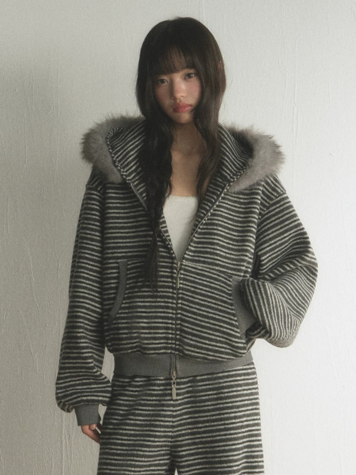 Striped Faux Fur Hooded Zip Cardigan