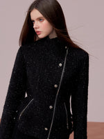 Sparkling Tweed High Neck Waist Cinching Jacket