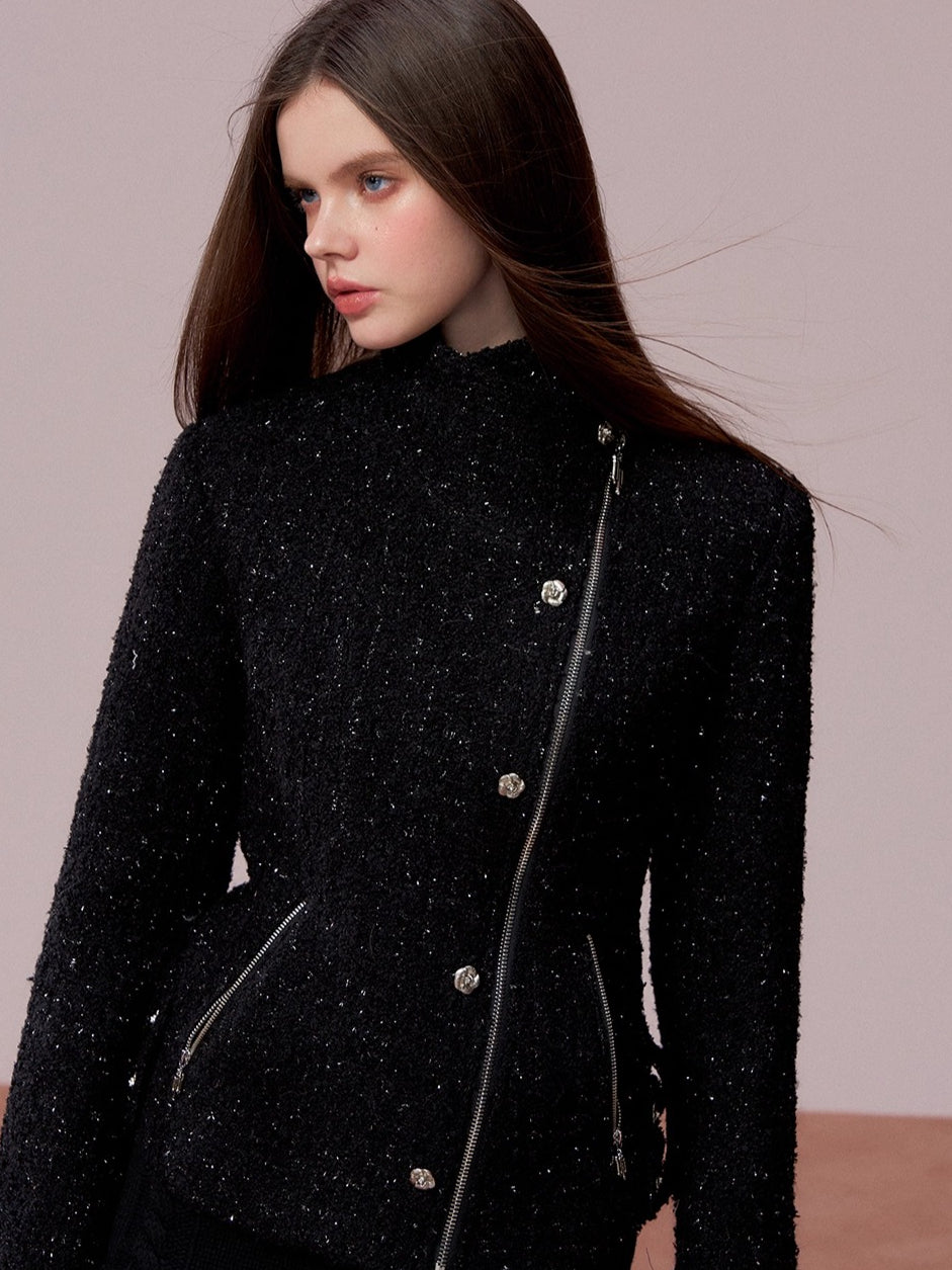 Sparkling Tweed High Neck Waist Cinching Jacket