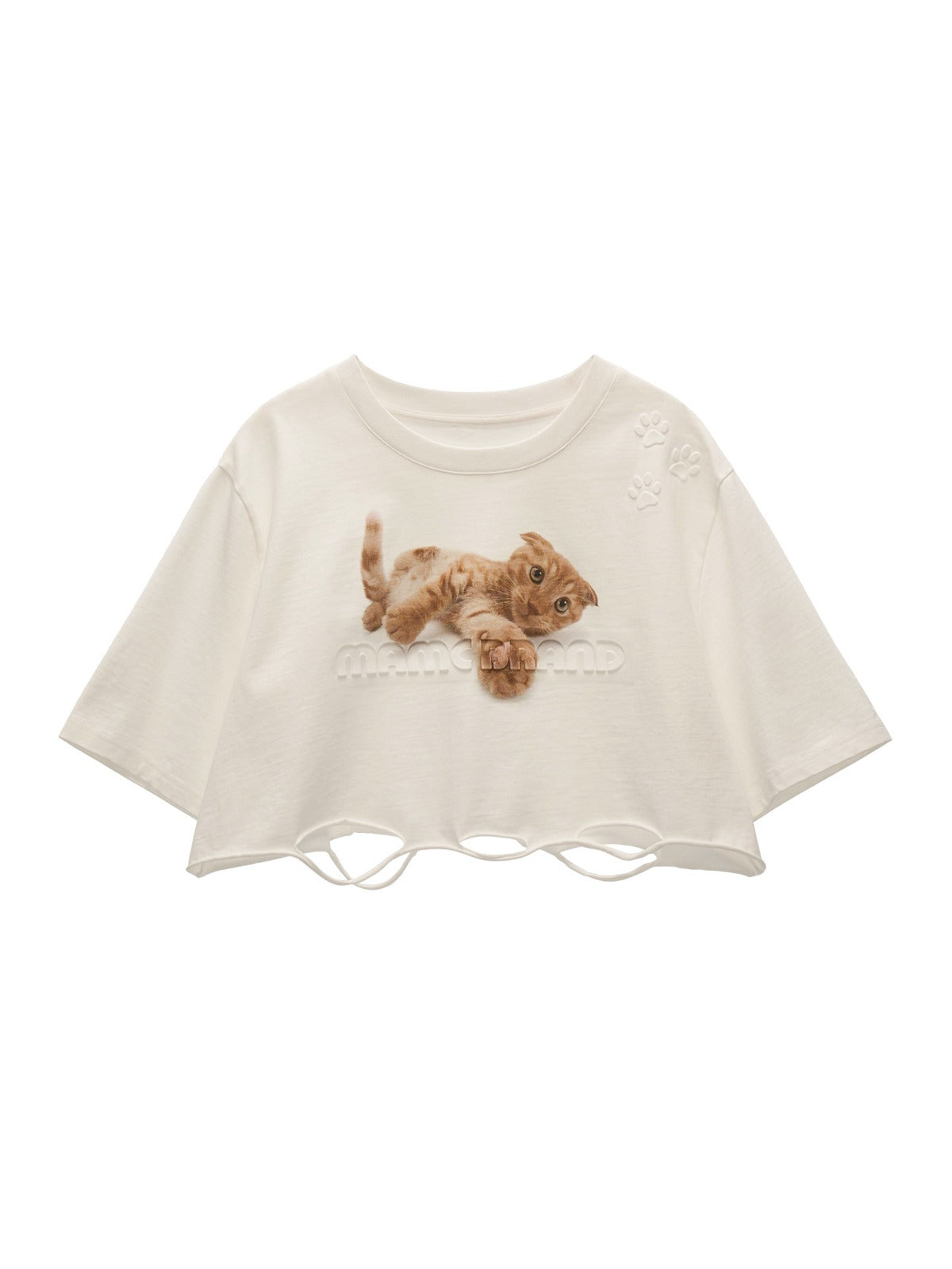 Cat Print Distressed Cropped T-Shirt