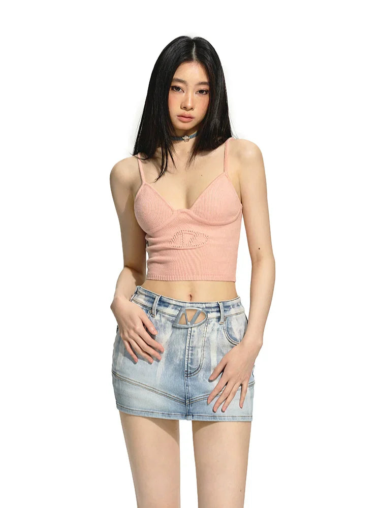 Pink &amp; White Cutout Knitted Halter Top