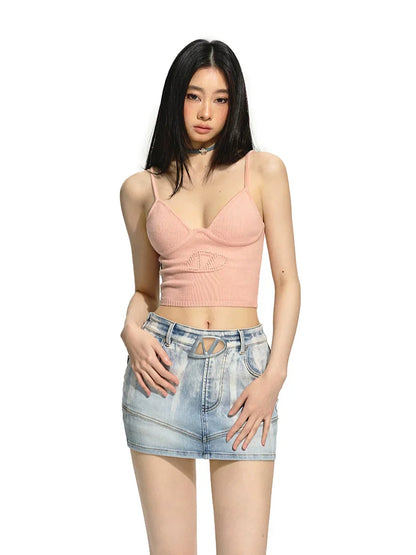 Pink &amp; White Cutout Knitted Halter Top