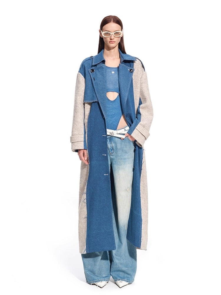 “Caracal Series” Washed Twill Patchwork Wool Denim Trench Coat