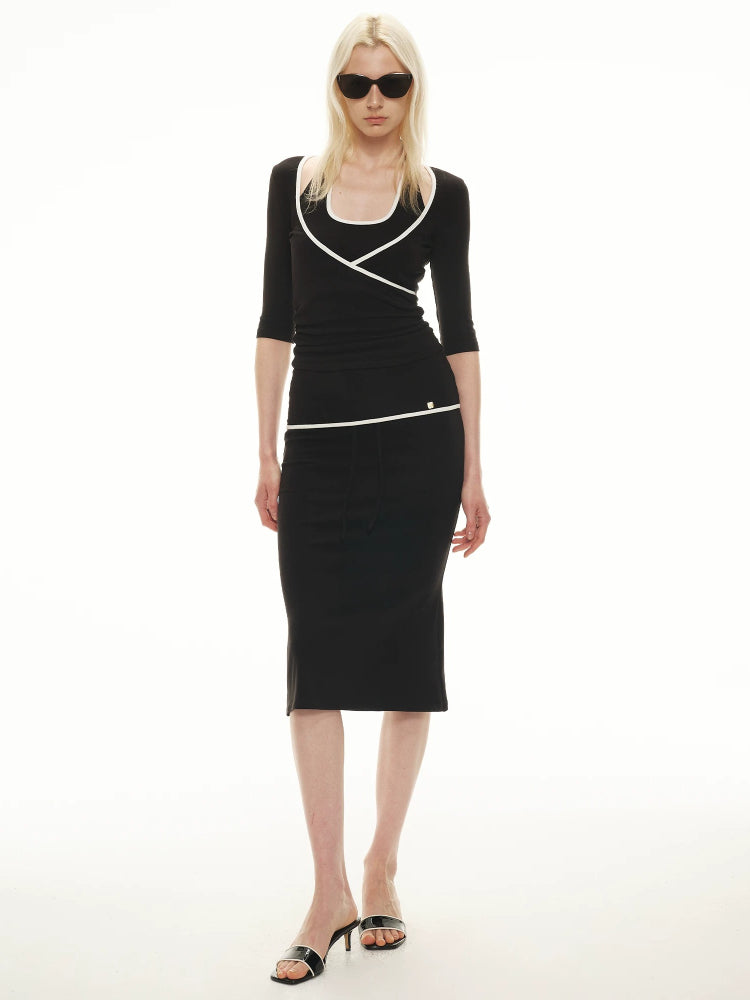 Contrast Knit Halter Skirt Set
