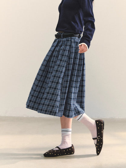 Blue Belted Plaid Skirt