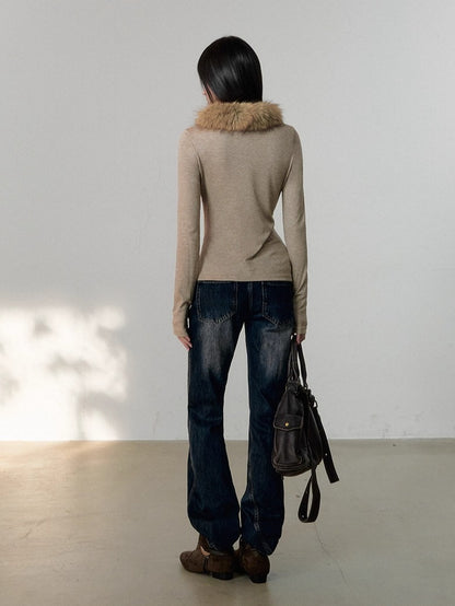 Oatmeal Fur Collar Knit Top