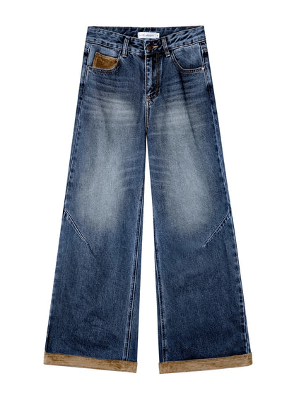 Suede Patchwork Cat-Whisker Wide-Leg Jeans