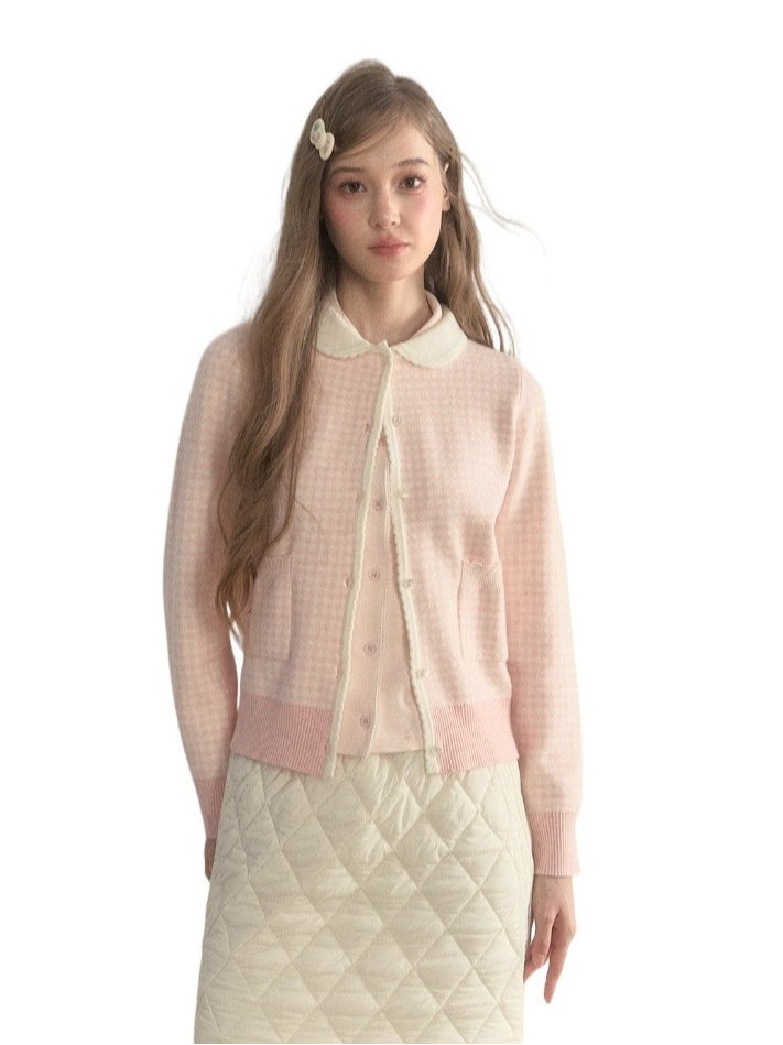 Pink Plaid Knit Doll Collar Sweater