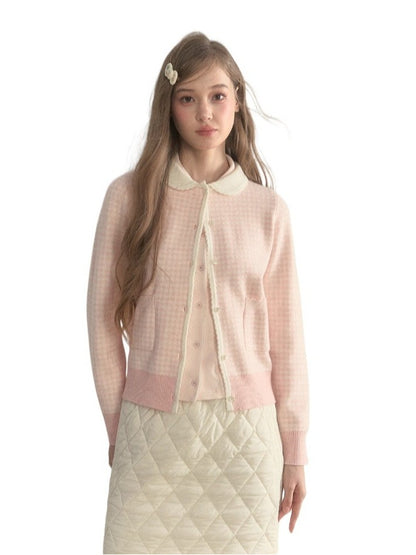 Pink Plaid Knit Doll Collar Sweater
