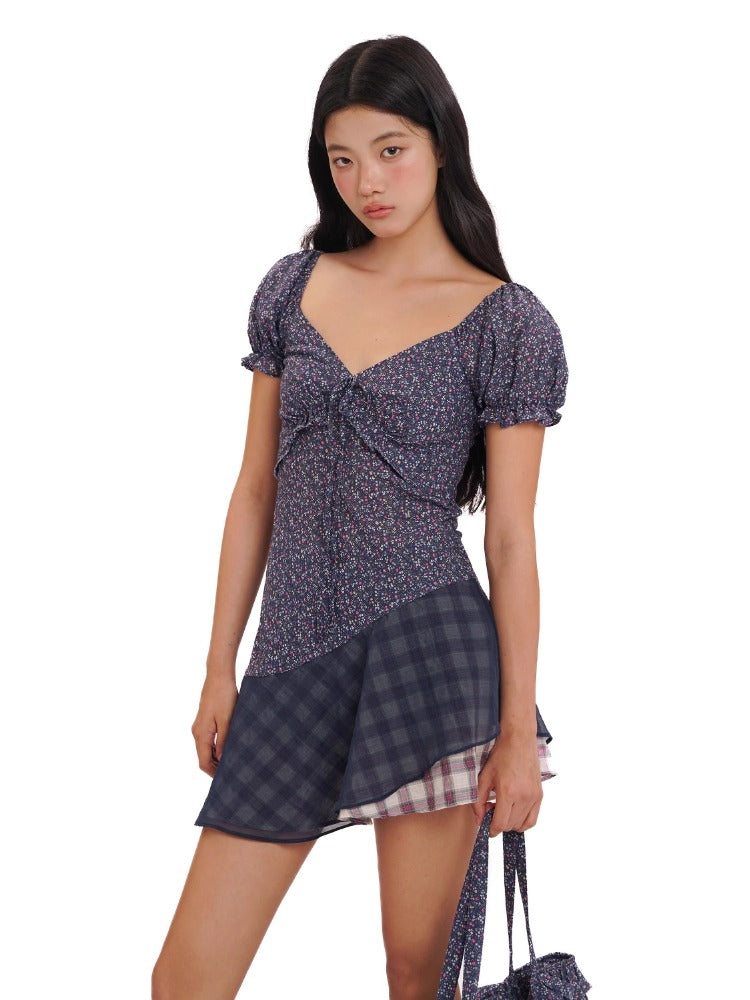 Floral Patchwork Mesh Bow Tie Bubble Sleeve Top &amp; Dress