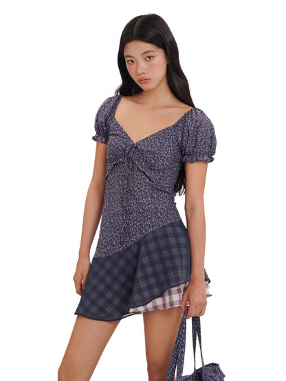 Floral Patchwork Mesh Bow Tie Bubble Sleeve Top &amp; Dress