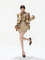 Gradient Fur Collar Suede Cropped Coat